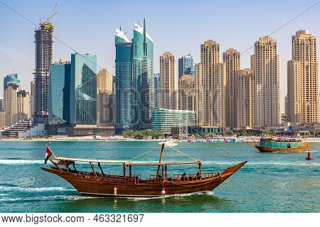 Old Wooden Ship, Dhow Cruise In Dubai Marina, Dubai, United Arab Emirates
