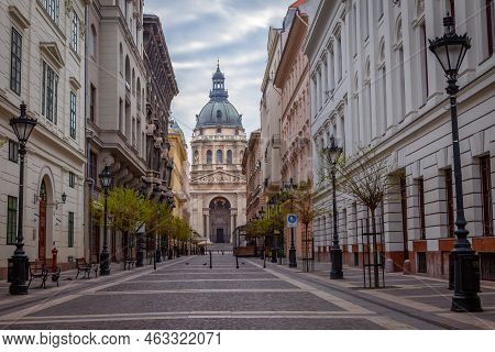 Zrinyi Utca Street And Saint Stephens Cathedral In Central Budapest, Hungary