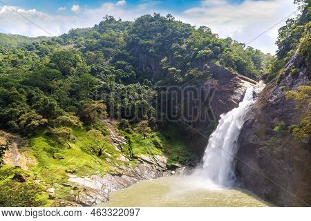 Dunhinda Waterfall In A Sunny Day In Sri Lanka