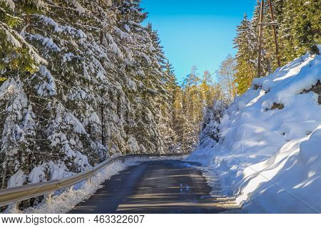 Mountain Road Pass Between Bavarian Alps And Austrian Tyrol At Autumn, After Snow