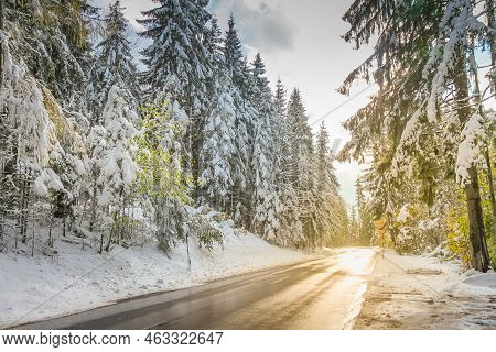 Mountain Road Pass Between Bavarian Alps And Austrian Tyrol At Autumn, After Snow