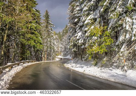 Mountain Road Pass Between Bavarian Alps And Austrian Tyrol At Autumn, After Snow