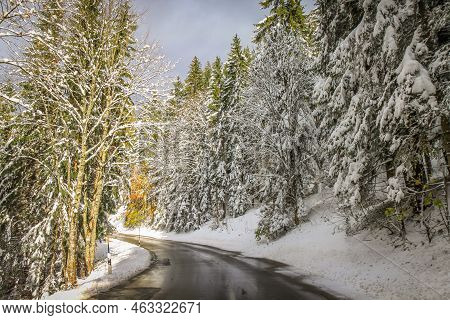 Mountain Road Pass Between Bavarian Alps And Austrian Tyrol At Autumn, After Snow