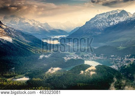 Celerina An Engadine Lakes, St Moritz, Silvaplana And Maloja From Muottas Muragl