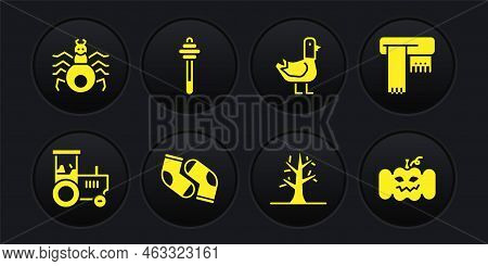 Set Tractor, Winter Scarf, Socks, Bare Tree, Dove, Honey Dipper Stick, Pumpkin And Spider Icon. Vect