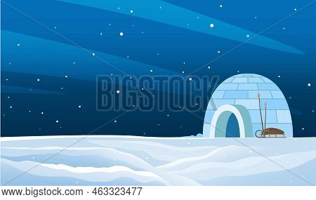 Igloo Made From Ice Bricks In Snowy Winter Landscape. Housing For Indigenous North Families. Snow Ho