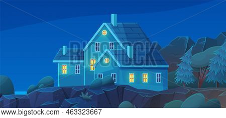Country House, Huge Cottage, Construction In Nature Landscape. Building Holiday Residence Pleasant T