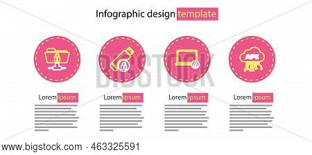 Set Line Laptop And Lock, Cloud Api Interface, Usb Flash Drive With And Ftp Folder Icon. Vector