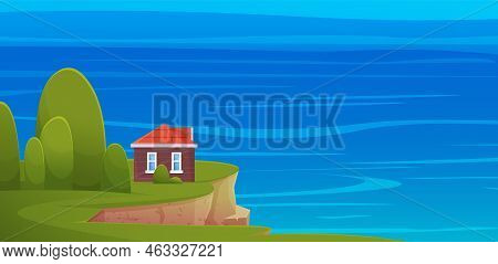 Landscape With Nature And Architecture. House On Edge Of Cliff And Greenery. Natural Area With Resid