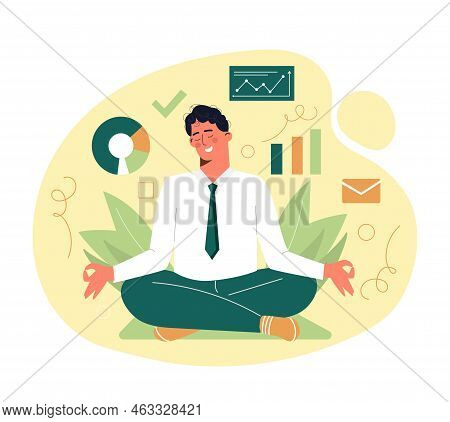 Business Man Meditating. Young Guy Sits In Lotus Position And Comprehends Graphs And Diagrams. Entre
