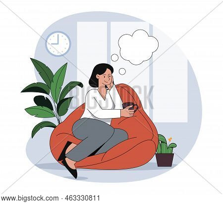 Woman Dreaming At Home. Young Girl Sits With Mug Of Coffee Or Tea On Pouffe. Comfort And Coziness In