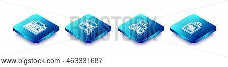 Set Isometric Line Shopping Building And Sale, Buy Button, Cash Register Machine And Shoping Bag Wit