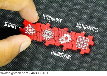 Red Puzzle Connection With Stem Icon. Science, Technology, Engineering, Mathematics Education Word W