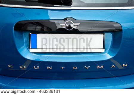 Mini Cooper Countryman Chrome Metal Logo Front View, Luxury Mini Blue Car In Istanbul City, December