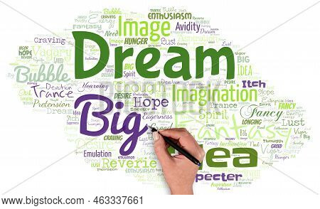 Big Word Cloud With Words Dream Big With Hand And Pen. To Think Of Something High Value That You Wan