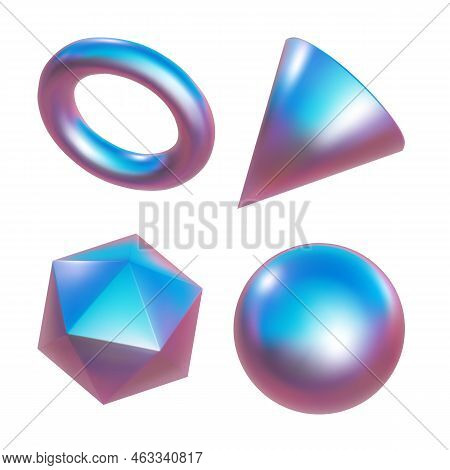 3d Pink Metal Neon Gradient Shapes Render. Vector Abstract Element Set Of Shere And Ball, Cube And C