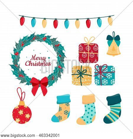 Christmas Set Of Bright Decorations, Stockings, Bell, Lights And Gifts. Flat, Cartoon, Vector