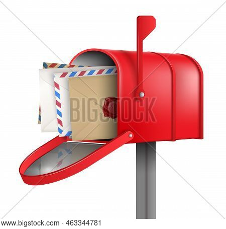 Realistic Red Mailbox Composition With Four Envelopes With Letters Inside On White Background Vector