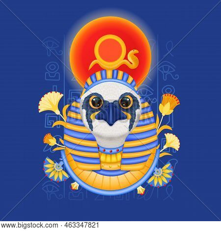 Ra Egyptian Gods Composition With Decorated Head Of Bird With Pharaoh Nemes Sun Circle And Snake Vec