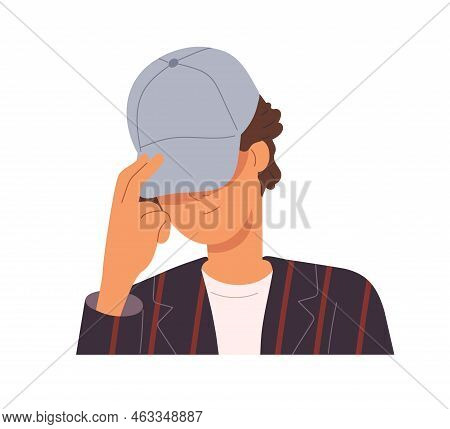 Man Hiding Face Behind Caps Visor. Cool Young Guy Stranger, Head Portrait. Incognito In Headwear, An