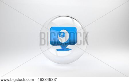 Blue Map Pointer With Billiard Pool Snooker Ball With Number 8 Icon Isolated On Grey Background. Gla
