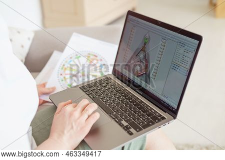 Tver, Russia-august 7, 2022. A Woman With A Laptop Is Studying Human Design. The Concept Of Studying