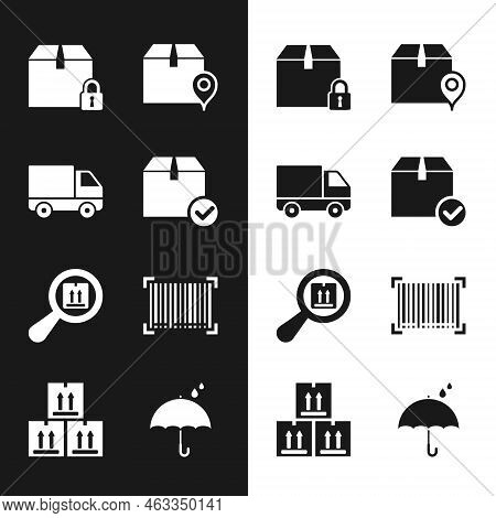 Set Package Box With Check Mark, Delivery Cargo Truck Vehicle, Locked Package, Location Cardboard, S