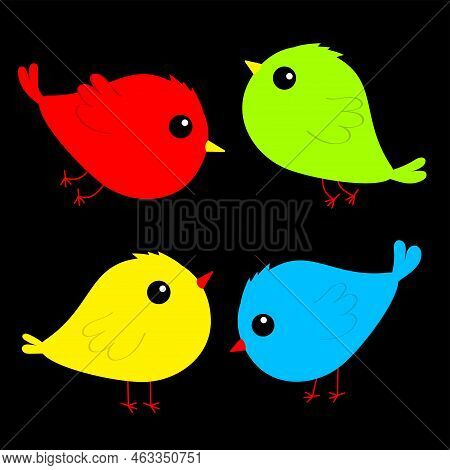 Four Bird Set Icon. Cute Kawaii Cartoon Funny Baby Character. Birds Collection. Animal. Decoration E