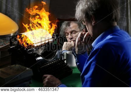 The Author Writes A Book On Fire On A Printing Press. Concept Idea For Writing A Book, Writing Work,