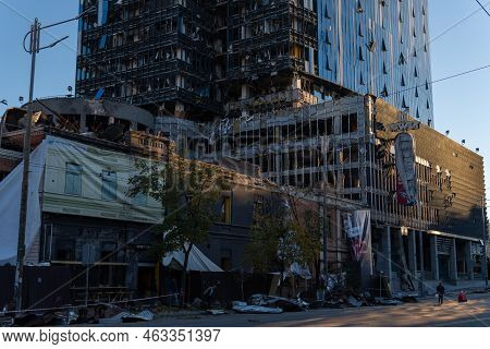 Kyiv, Ukraine - 10.10.2022. Russia's Military Aggression Against Ukraine. Business Center 101 Tower 