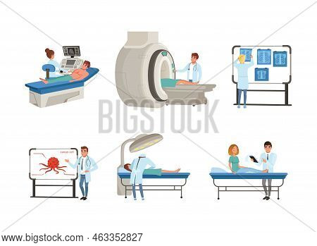 People Character With Cancer Diagnosis Having Medical Check And Treatment Vector Set