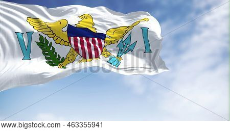 Flag Of United States Virgin Islands Waving On A Clear Day. The Virgin Islands Of The Us, Are An Uni