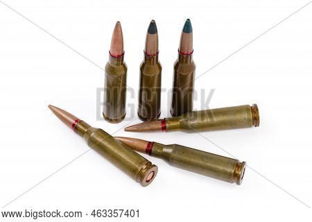 Service Cartridges For Assault Rifle Different Purposes On A White Background Close-up