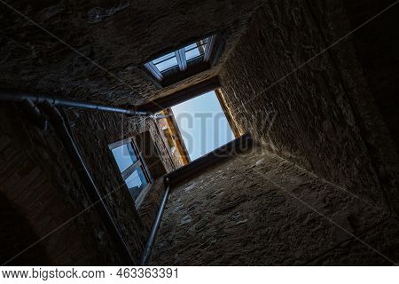 Walking Narrow Stone Streets Of Old Small Mountain Town. Looking Upwards. Ambra, Bucine, Arezzo, Tus