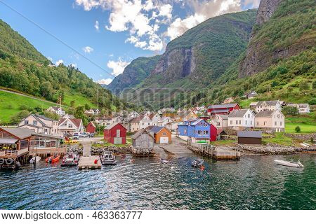 Undredal, Norway - August 17 2022: View Of The Village From Aurlandsfjord. Undredal Is A Picturesque