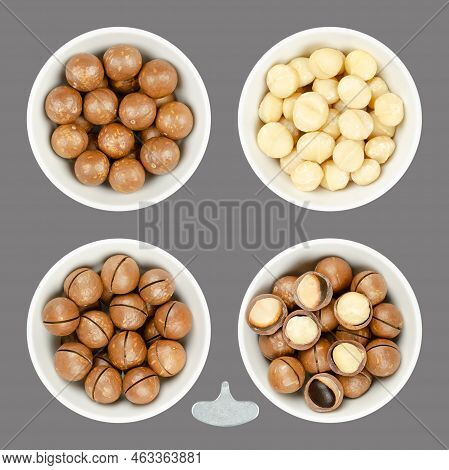Macadamia Nuts, In White Bowls, Over Gray. Queensland, Bush, Maroochi, Bauple Or Hawaii Nuts. Dried 
