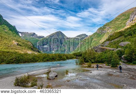 Briksdalen Valley, Part Of The Jostedal Glacier National Park In Norway. The Valley Was Formed By Th