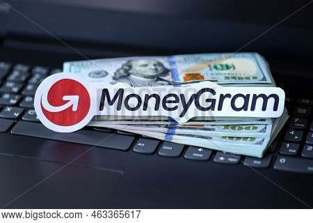 Ternopil, Ukraine - September 6, 2022 Moneygram Paper Logotype Lies On Black Laptop Keyboard With Us