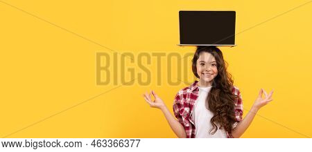 Happy Smart Teen Girl Meditating With Laptop On Head Presenting School Online Lesson, Estudy. School