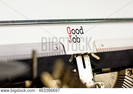 Gj Good Job Abbreviation Symbol. Concept Words Gj Good Job On White Paper Typed On Retro Typewriter.
