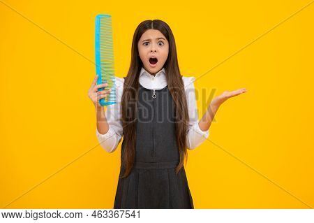 Teen Girl Girl With Brush Combing Hair. Girl Taking Haircare And Hairstyle. Hairdresser Hair Solon F