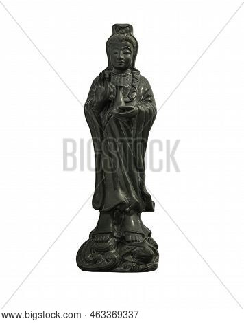Figurine Of Green Guan Yin Bodhisattva Or Quan Yin Buddha Statue (goddess Of Mercy) Isolated On Whit