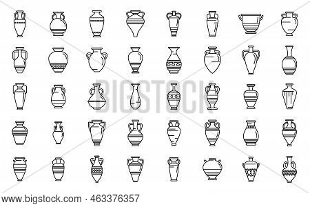 Amphora Icons Set Outline Vector. Vase Pottery. Greek Jar