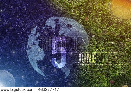 June 5th. Day 5 Of Month, Calendar Date. Day To Night Background Concept. Scene With Globe The Green