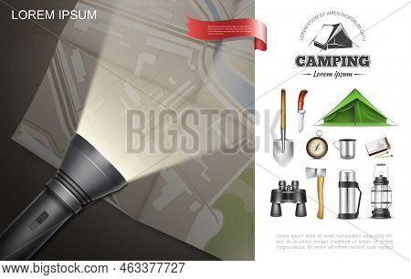 Realistic Outdoor Recreation Elements Concept With Flashlight Lying On Map Shovel Tent Axe Knife Com