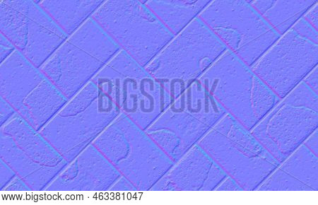 Normal Map Of Herringbone Pavement With Textured Cracked Old Rectangular Bricks