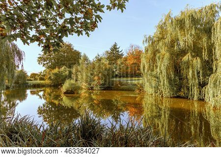 Beautiful Colorful Autumn Lake Surrounded By Autumn Follage. Autumn Background.