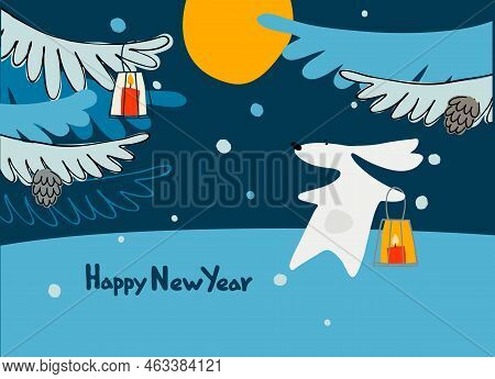 New Year Greeting Card With Water Rabbit, Zodiac Animal For 2023 In The Night Forest And Hand-letter