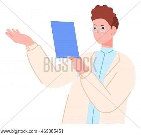 Doctor Cheking Patient Record With Medical Test Results Isolated On White Background