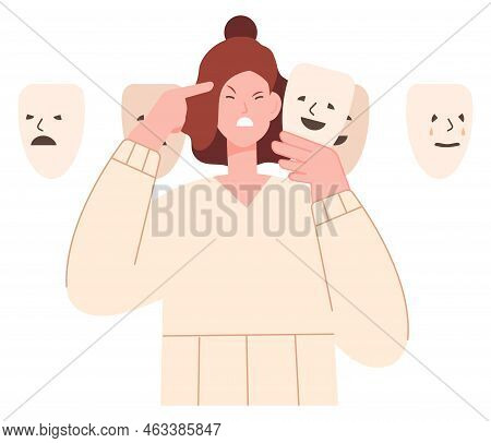 Woman Hiding Feelings Behind Positive Mask. Borderline Disorder. Emotion Control Isolated On White B